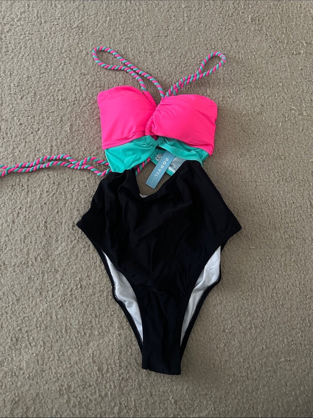 Womens’ popvil Colorblock Pink & Teal One-Piece Swimsuit with Black Bottom